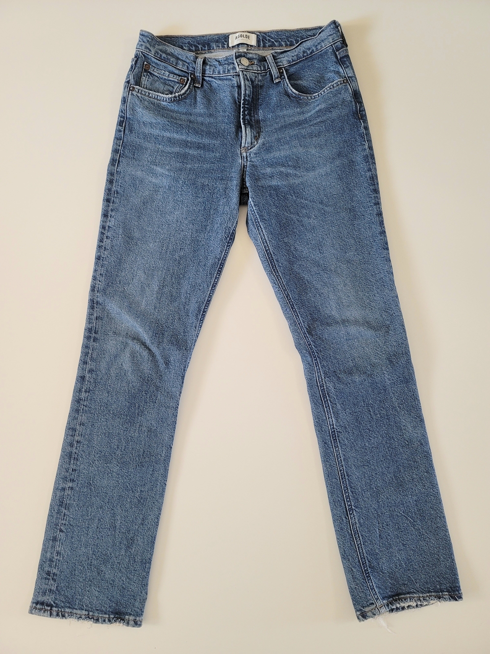 Agolde Lyle Jeans Mid Rise Straight Raw Hem Medium Wash Denim Size 27